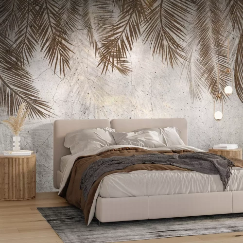 Fototapete Große tropische Palmenblätter auf Betonhintergrund