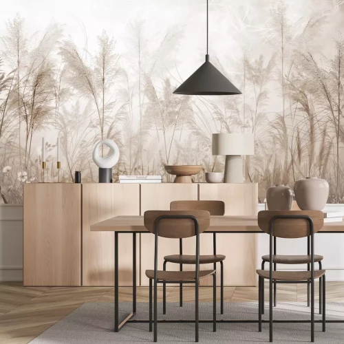 Fototapete Nebliges Grasfeld mit Blumen