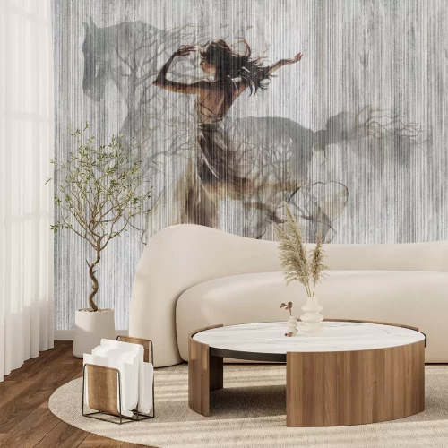 Fototapete Eine tanzende Frau und ein galoppierendes Pferd