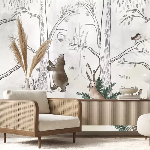 Fototapete Waldtiere Landschaft Wald Aquarell