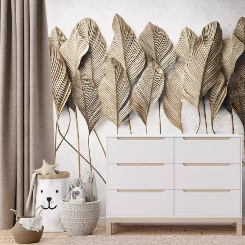 Fototapete Große tropische Blätter auf Betonhintergrund