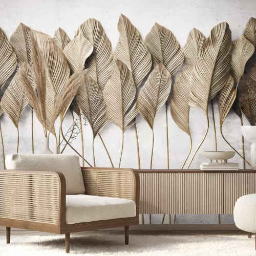 Fototapete Große tropische Blätter auf Betonhintergrund