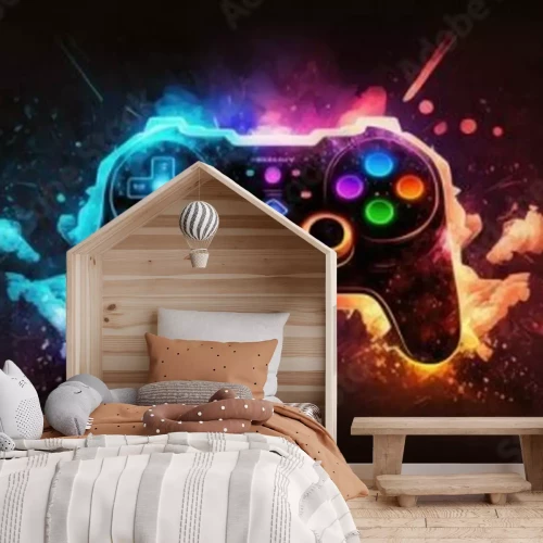 Fototapete Abstrakter Spielecontroller auf neonfarbenem Hintergrund