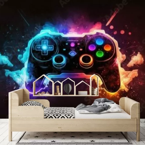 Fototapete Abstrakter Spielecontroller auf neonfarbenem Hintergrund