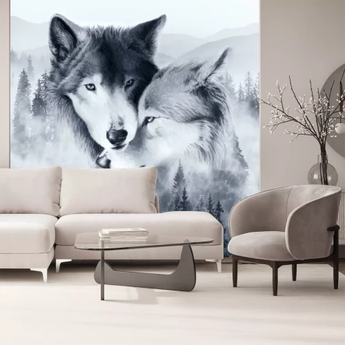 Fototapete Ein Wolfs-Paar vor nebliger Waldlandschaft