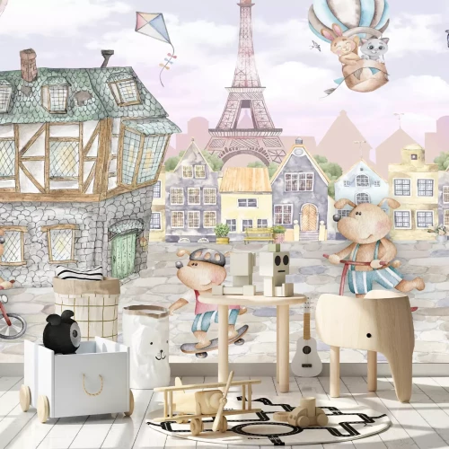 Fototapete Tiere in einer Aquarellstadt