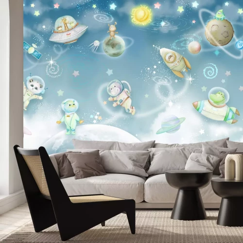 Fototapete Weltraum mit Planeten und Tieren