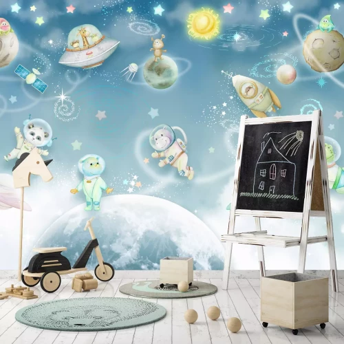 Fototapete Weltraum mit Planeten und Tieren