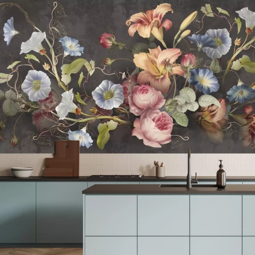 Fototapete Bunte Blumen auf dunklem Hintergrund