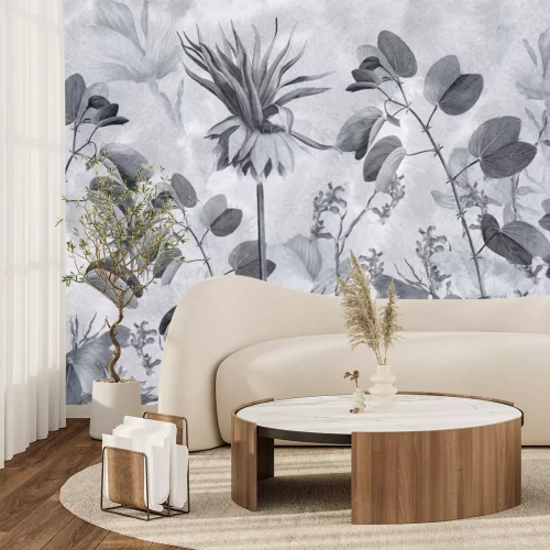 Fototapete Monochromes botanisches Muster mit tropischer Vegetation