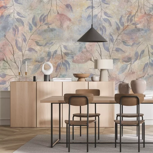 Fototapete Aquarellblumen und -blätter auf konkretem Hintergrund