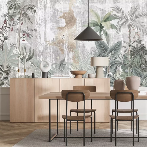 Fototapete Tropische Dschungelbäume und Vögel auf einem konkreten Hintergrund