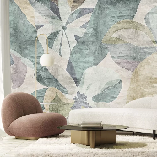 Fototapete Blätter und Blüten im abstrakten Stil auf strukturiertem Hintergrund