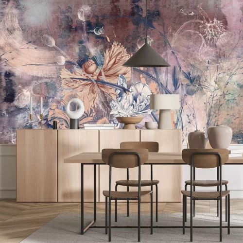 Fototapete Feldmohnblumen auf Betonhintergrund im Industriestil