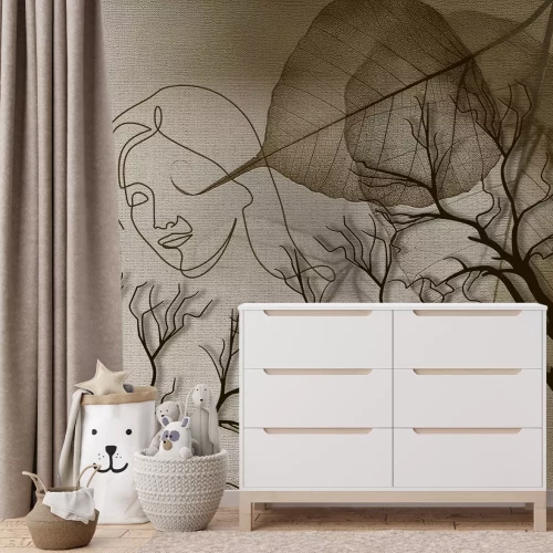 Fototapete 3D-Skizze einer Frau zwischen Bäumen und Blättern