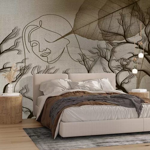 Fototapete 3D-Skizze einer Frau zwischen Bäumen und Blättern