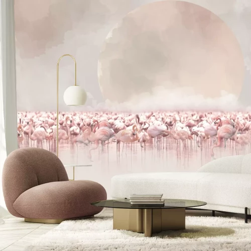 Fototapete Flamingos vor einer Aquarelllandschaft mit Vollmond