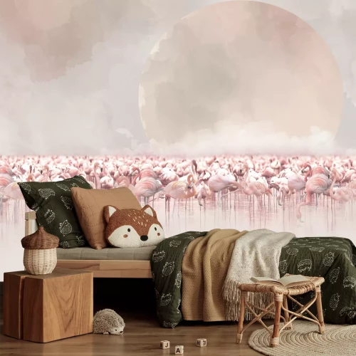 Fototapete Flamingos vor einer Aquarelllandschaft mit Vollmond