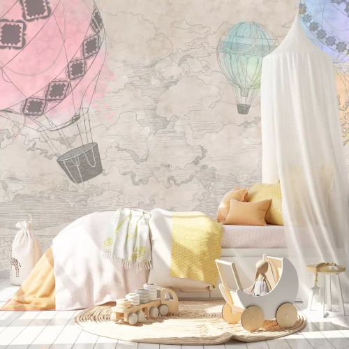 Fototapete Bunte Luftballons vor einem beigen Landschaftshintergrund