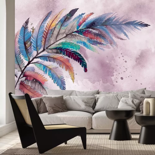 Fototapete Bunte Feder auf einem Aquarellhintergrund