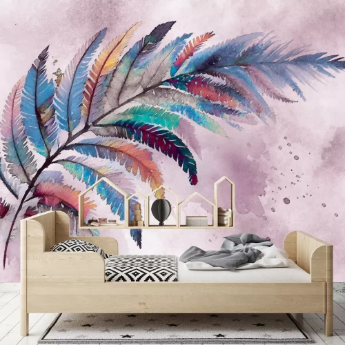 Fototapete Bunte Feder auf einem Aquarellhintergrund