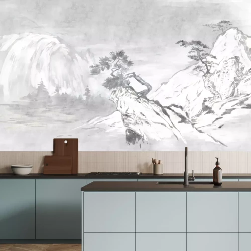 Fototapete Landschaft im chinesischen Stil mit Bäumen auf Felsen