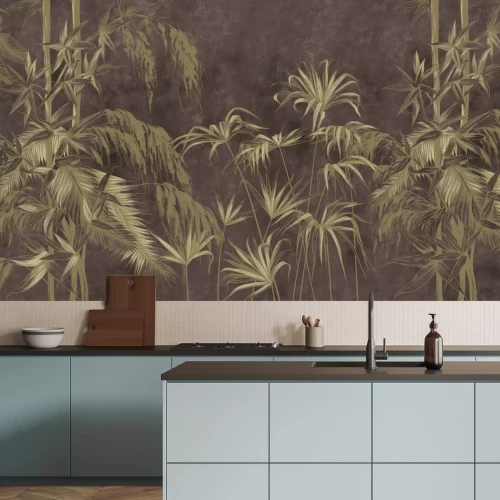 Fototapete Grüne Bambusblätter und -zweige auf strukturiertem Hintergrund