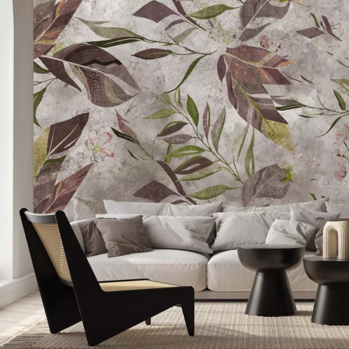 Fototapete Braune und grüne Blätter auf Betongrund