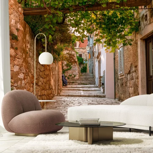 Fototapete Architektur auf einer Steinstraße mit grünen Pflanzen