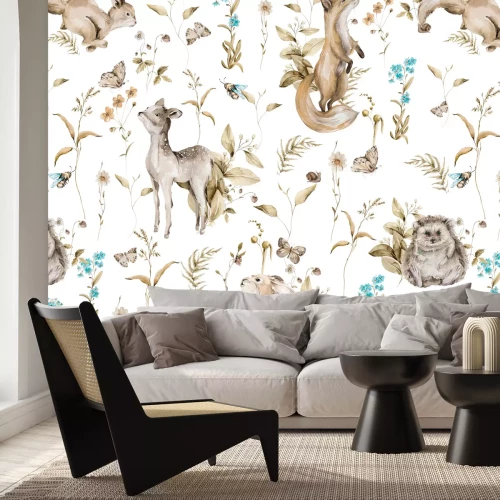 Fototapete Aquarell Waldtiere und Pflanzen auf weißem Hintergrund