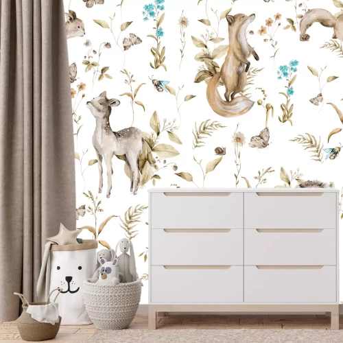 Fototapete Aquarell Waldtiere und Pflanzen auf weißem Hintergrund