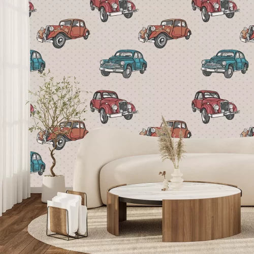 Fototapete Retro-Autos auf einem gepunkteten Hintergrund
