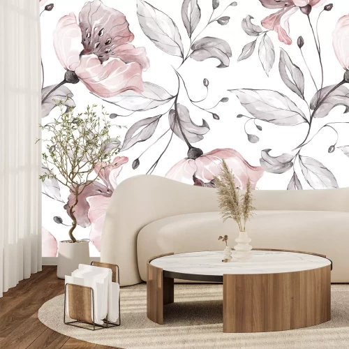 Fototapete Rosa Blüten und graue Blätter im Aquarellstil