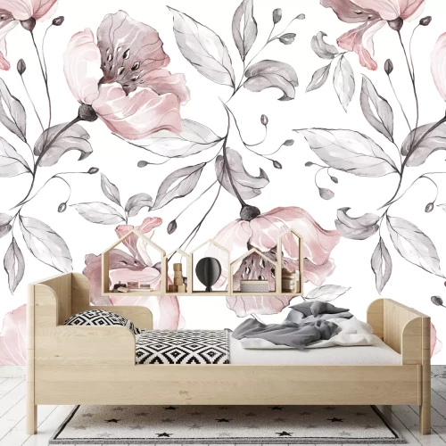 Fototapete Rosa Blüten und graue Blätter im Aquarellstil