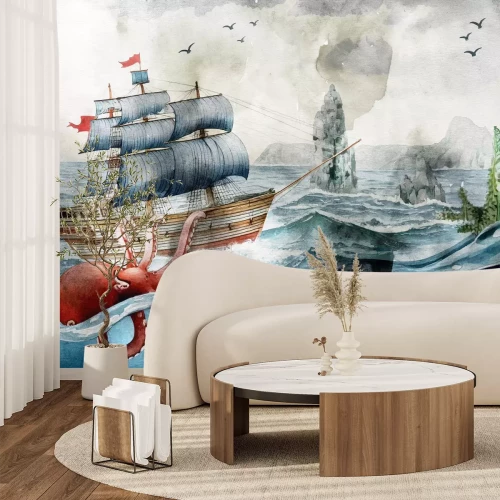 Fototapete Oktopus und Schiff auf See Muster für Kinder