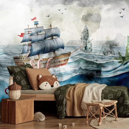 Fototapete Oktopus und Schiff auf See Muster für Kinder