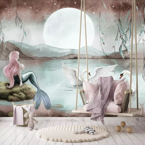 Fototapete Meerjungfrau und Schwäne unter dem Vollmond