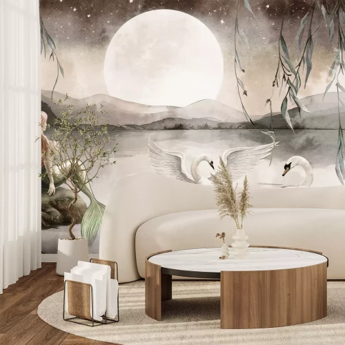 Fototapete Meerjungfrau und Schwäne bei Vollmond Kindermuster