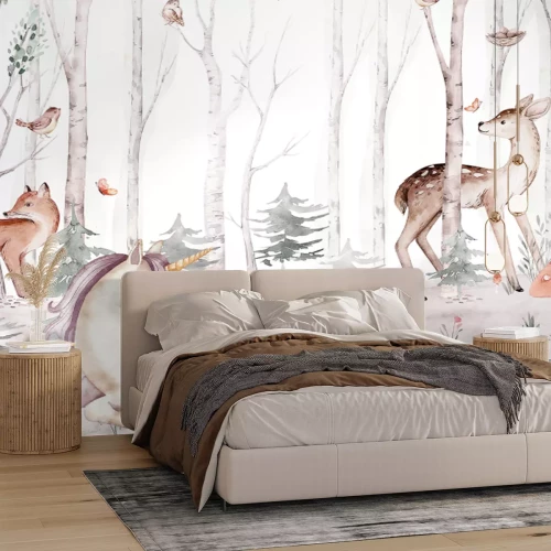 Fototapete Einhorn und Tiere zwischen den Bäumen in einem Aquarellwald