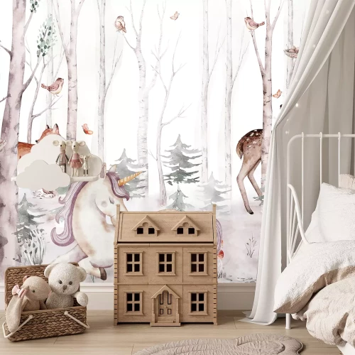 Fototapete Einhorn und Tiere zwischen den Bäumen in einem Aquarellwald