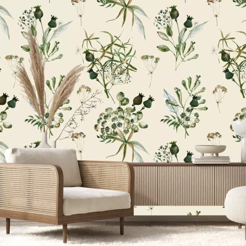 Fototapete Grüne Zweige von Wildblumen und Pflanzen