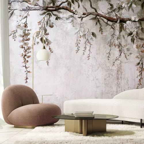 Fototapete Blumen hängen von einem Ast auf einem strukturierten Hintergrund