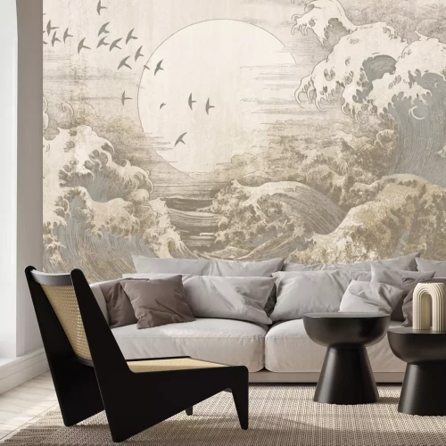 Fototapete Eine große Welle mit dem Mond im Hintergrund