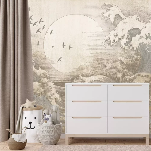 Fototapete Eine große Welle mit dem Mond im Hintergrund