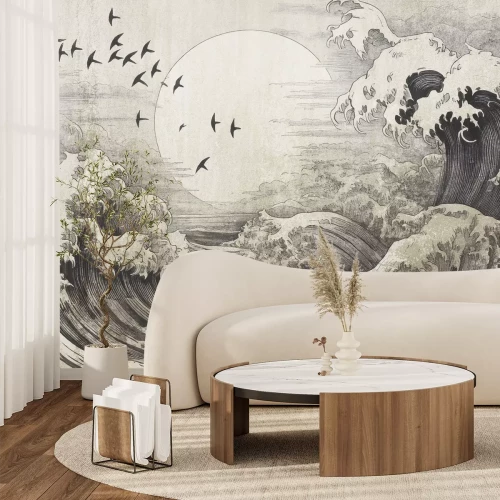 Fototapete Landschaft mit großer Welle und Vollmond