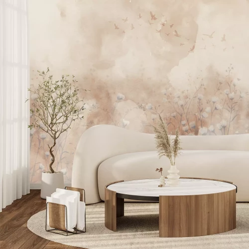 Fototapete Wildblumen und Vögel Aquarell Landschaft