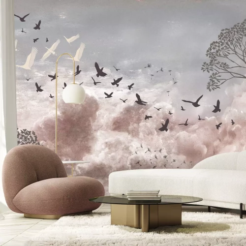 Fototapete Vögel und Löwenzahnsamen vor einem bewölkten Himmel