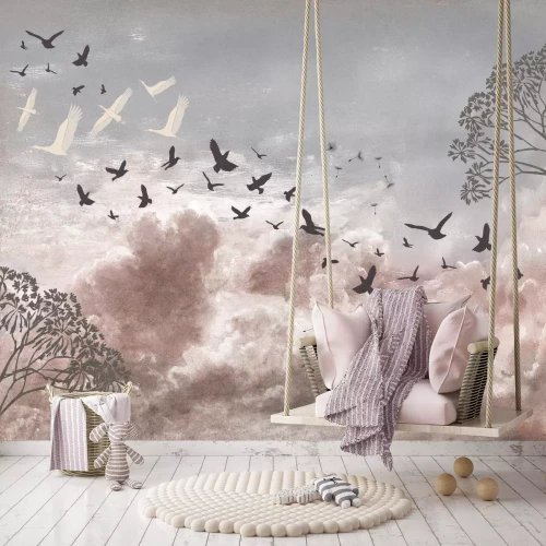 Fototapete Vögel und Löwenzahnsamen vor einem bewölkten Himmel