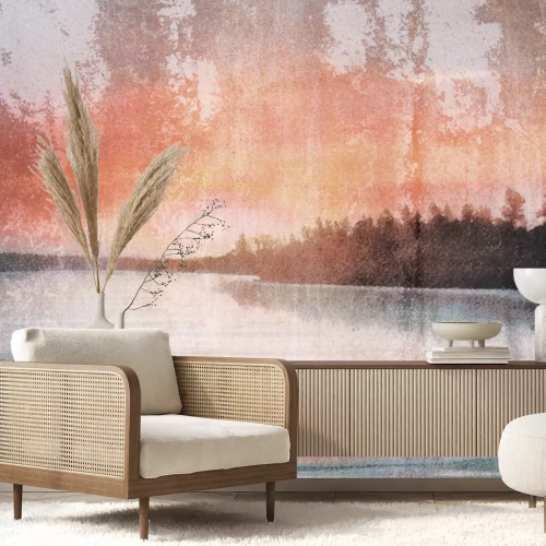 Fototapete Landschaft eines Bootes auf einem See mit Betonstruktureffekt