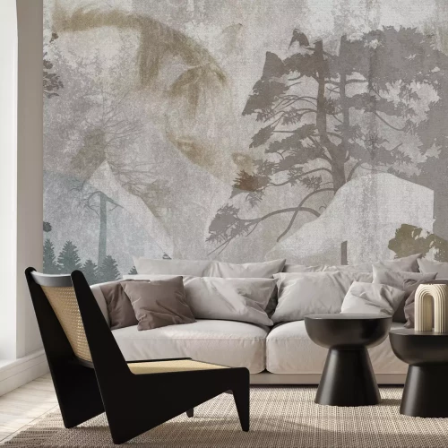 Fototapete Abstraktes Porträt eines Pferdes vor einer Waldlandschaft